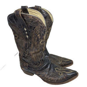 Vtg Corral Angel Wing Cross Inlay Mens Cowboy Boots Sz 11.5 D Black Christian
